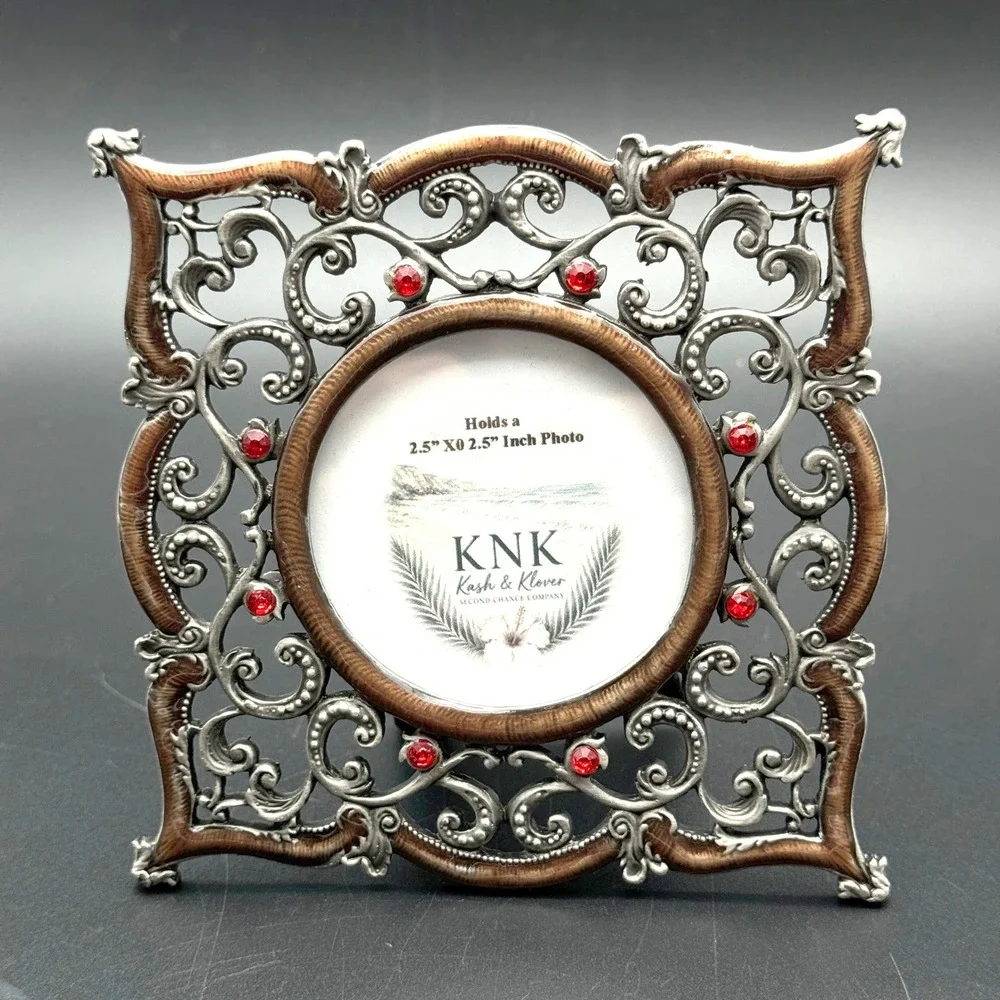 Ornate Picture Frame Bronze Silver Red Rhinestone Coastal Glam‎ 2.5